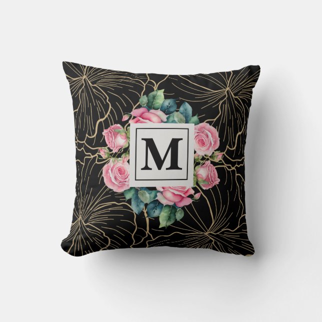 Midnight Blooms: A Rose Elegance Throw Pillow (Front)