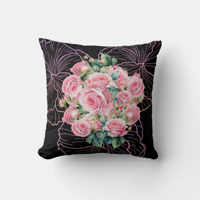 Midnight Blooms: A Rose Elegance Throw Pillow (Front)