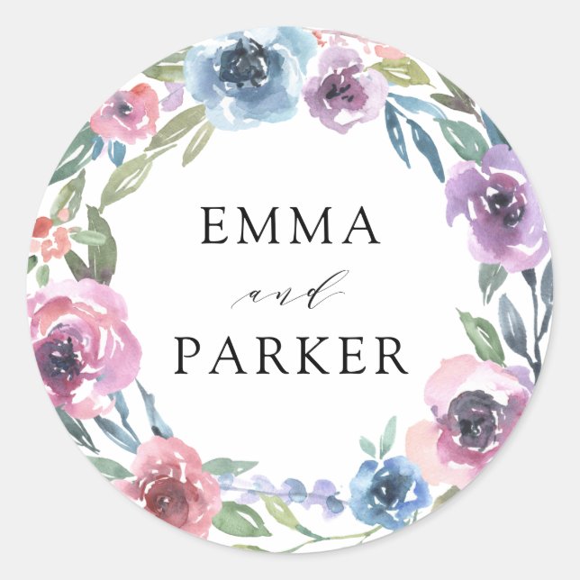 Midnight Blooms | Floral Wreath Classic Round Sticker (Front)