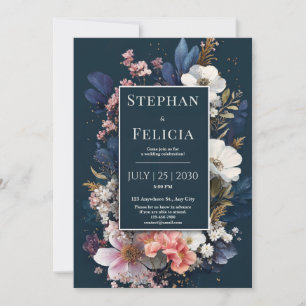 Midnight Blooms Navy Pink Floral Wedding Invitation