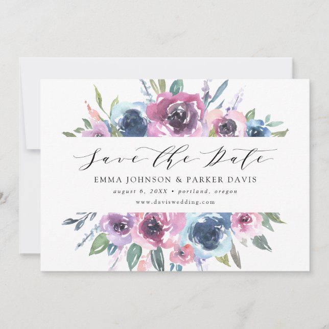 Midnight Blooms | Purple and Blue Floral Save The Date (Front)