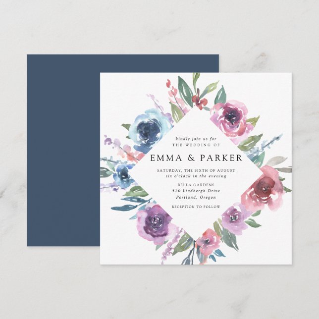 Midnight Blooms | Purple and Blue Floral Wedding Invitation (Front/Back)