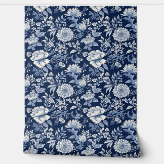 Midnight Blossom Petite - Blue and White Wallpaper