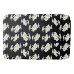 Midnight Blossoms: White Cactus Flowers On Black Bath Mat