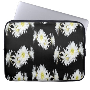Midnight Blossoms: White Cactus Flowers On Black Laptop Sleeve