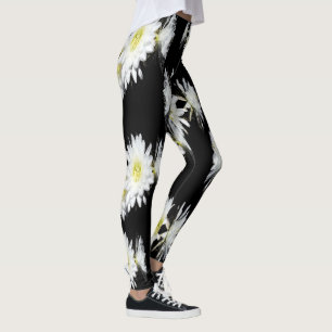 Midnight Blossoms: White Cactus Flowers On Black Leggings