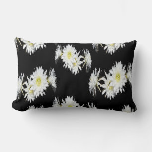 Midnight Blossoms: White Cactus Flowers On Black Lumbar Cushion