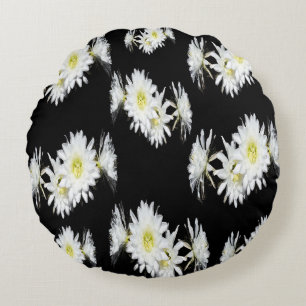 Midnight Blossoms: White Cactus Flowers On Black Round Cushion