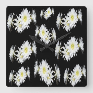 Midnight Blossoms: White Cactus Flowers On Black Square Wall Clock