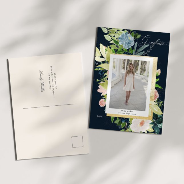 Midnight Blue And Blush Floral Photo Graduation Announcement Postcard (Creator Uploaded)