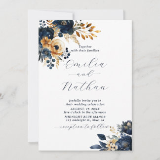 Midnight Blue and Gold Flowers Wedding Invitation