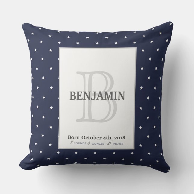 Midnight Blue and Monogram Birth Stats Keepsake Cushion (Front)
