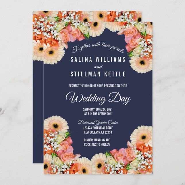 Midnight Blue and Orange Floral Wedding Invitation (Front/Back)