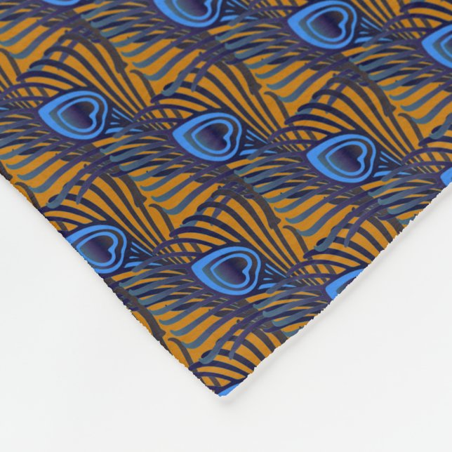 Midnight blue and orange peacock feather pattern fleece blanket (Corner)