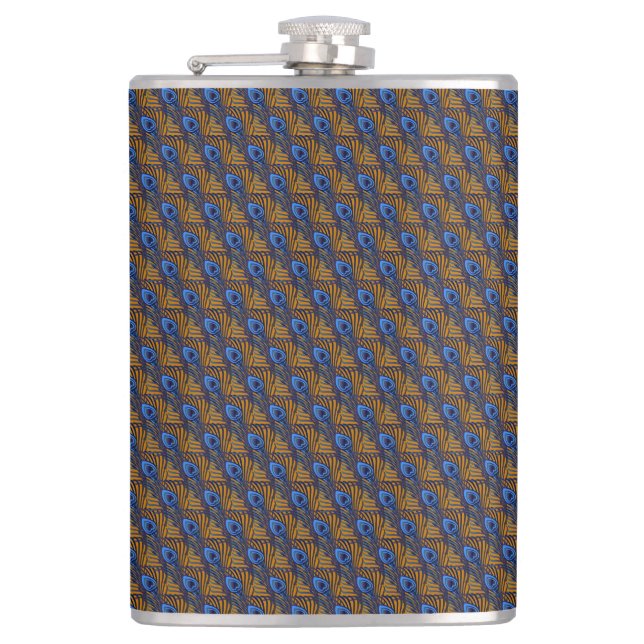 Midnight blue and orange peacock feather pattern hip flask (Front)