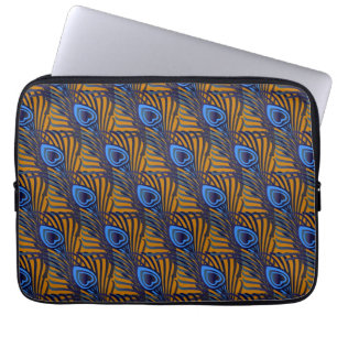 Midnight blue and orange peacock feather pattern laptop sleeve