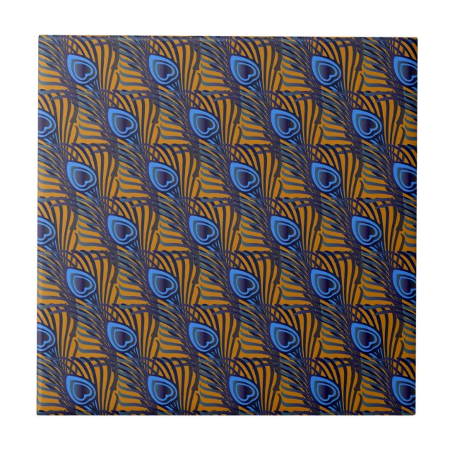 Midnight blue and orange peacock feather pattern tile (Front)
