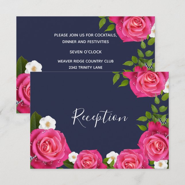Midnight Blue and Pink Rose Wedding - Reception Invitation (Front/Back)