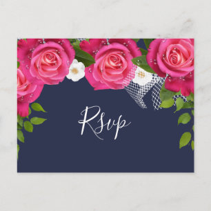 Midnight Blue and Pink Rose Wedding - RSVP Invitation Postcard
