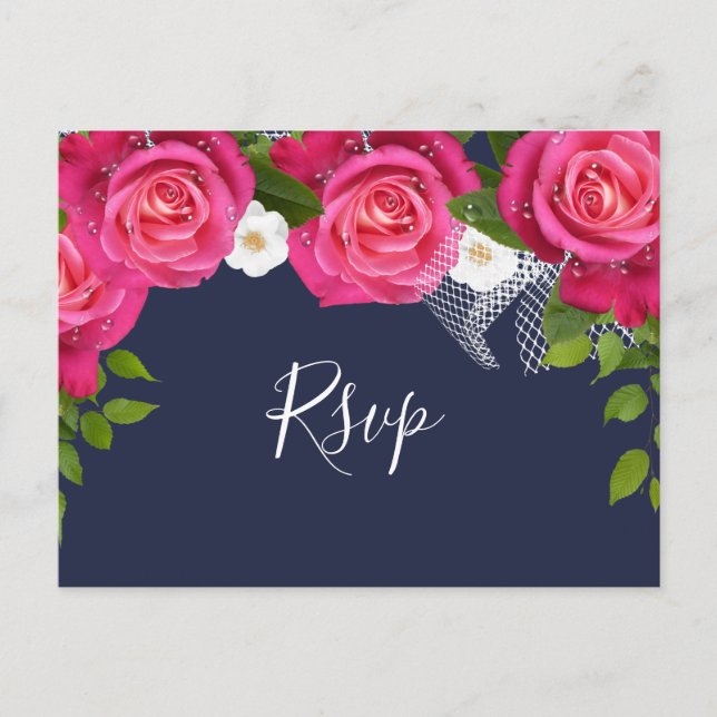 Midnight Blue and Pink Rose Wedding - RSVP Invitation Postcard (Front)