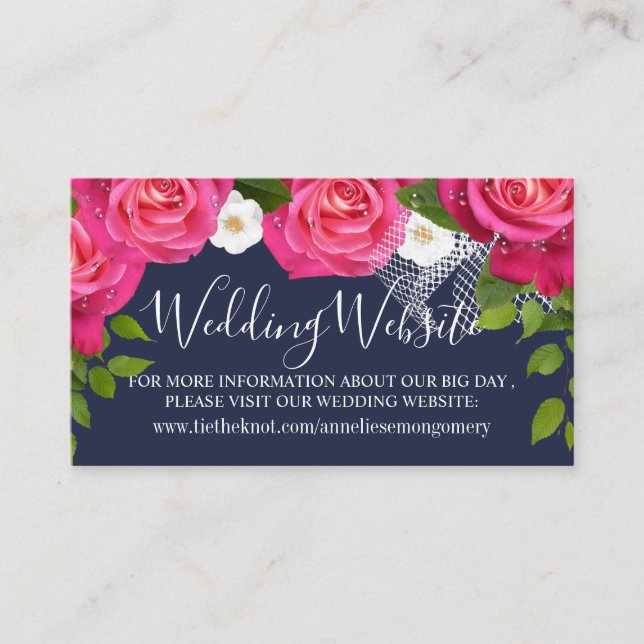 Midnight Blue and Pink Roses -  Wedding Website Enclosure Card (Front)