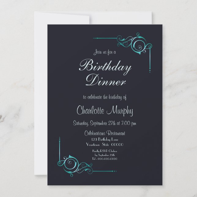 Midnight Blue and Turquoise Birthday Dinner Invite (Front)