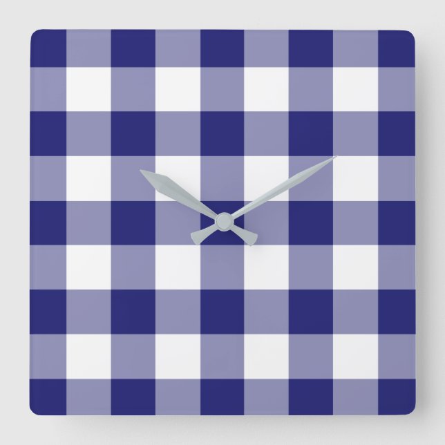 Midnight Blue And White Checked Gingham Pattern Square Wall Clock (Front)