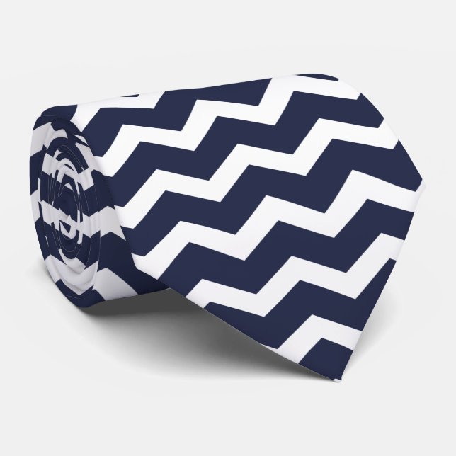 Midnight Blue and White Chevron Tie (Rolled)