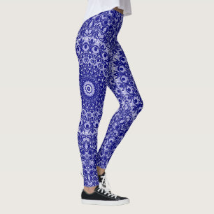 Midnight Blue and White Mandala Pattern Leggings