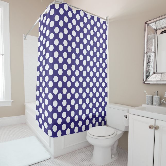 Midnight Blue and White Polka Dot Shower Curtain (In Situ)