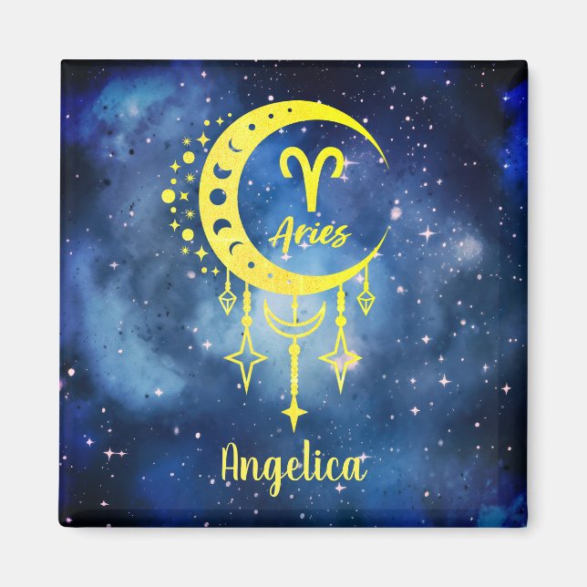 Midnight Blue and Yellow Custom Name Aries Magnet (Front)