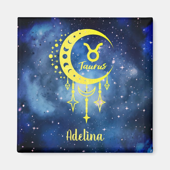 Midnight Blue and Yellow Custom Name Taurus Magnet (Front)