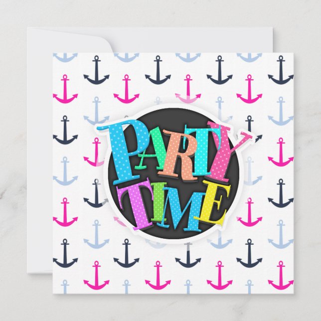 Midnight Blue, Baby Blue, Hot Pink Nautical Anchor Invitation (Front)