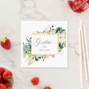 Midnight Blue Blush Floral Graduation Card Napkin