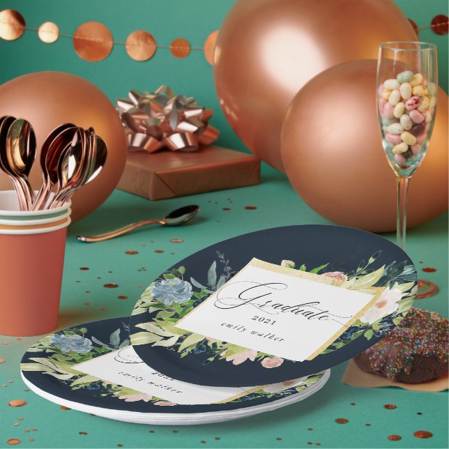 Midnight Blue Blush Floral Graduation Paper Plate (Multi)