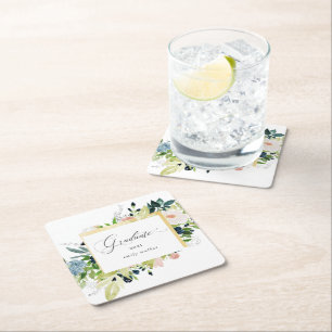 Midnight Blue Blush Floral Graduation Square Paper Coaster