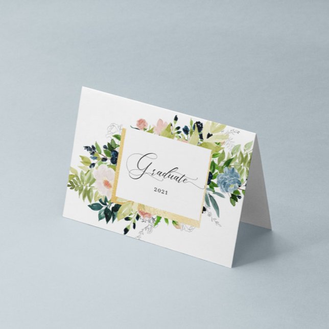 Midnight Blue Blush Floral Photo Folded Graduation Card (Creator Uploaded)
