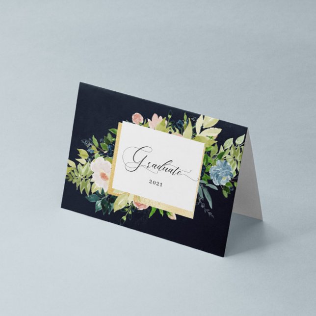 Midnight Blue Blush Floral Photo Folded Graduation Card (Creator Uploaded)