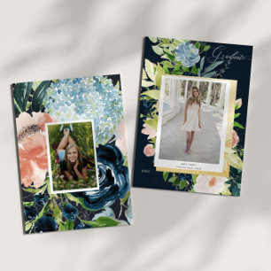 Midnight Blue Blush Floral Photo Graduation Card