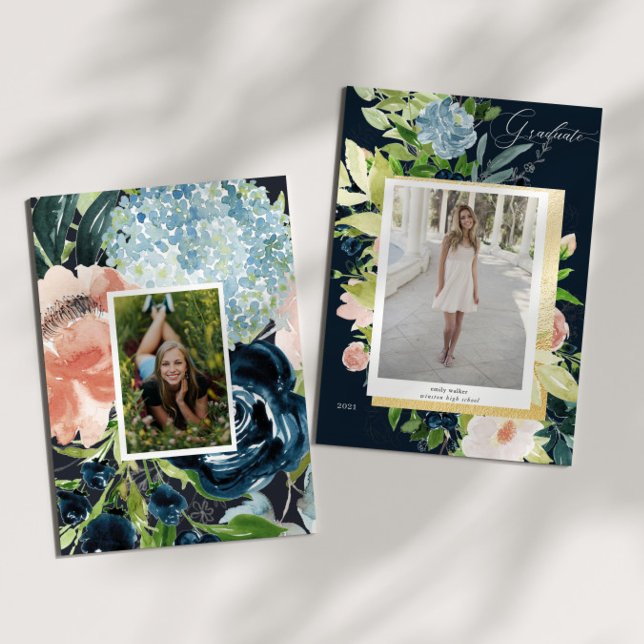 Midnight Blue Blush Floral Photo Graduation Card (Creator Uploaded)