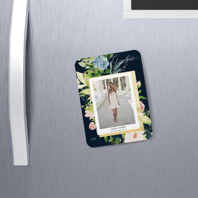 Midnight Blue Blush Floral Photo Graduation Magnet (Creator Uploaded)