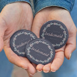 Midnight Blue, Blush Pink and Sage Bridesmaid 6 Cm Round Badge<br><div class="desc">Identify the key players at your bridal shower with our sweetly chic floral buttons. "Bridesmaid" design features a midnight blue background and a wreath of pale blush pink flowers and sage green leaves.</div>