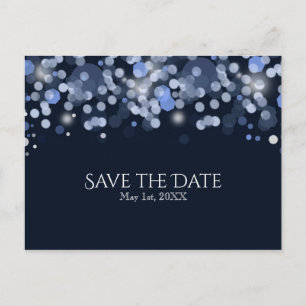 Midnight Blue Bokeh Lights Wedding Save the Date Announcement Postcard