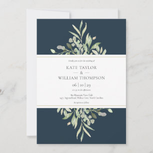 Midnight Blue Botanical Greenery Chic Wedding Invitation