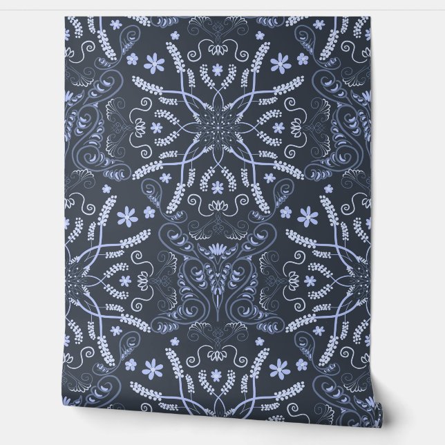 Midnight Blue Botanical Mandala  Wallpaper (Unrolling)