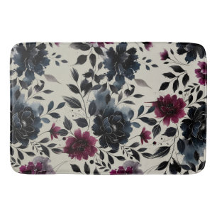 Midnight Blue Burgundy Inky Floral Almond Beige Bath Mat
