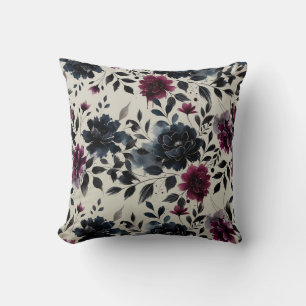 Midnight Blue Burgundy Inky Floral Almond Beige Cushion
