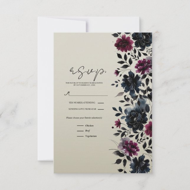 Midnight Blue Burgundy Inky Floral Almond RSVP Card (Front)