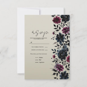 Midnight Blue Burgundy Inky Floral Almond RSVP Card