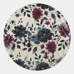 Midnight Blue Burgundy Inky Floral Almond Wedding Classic Round Sticker